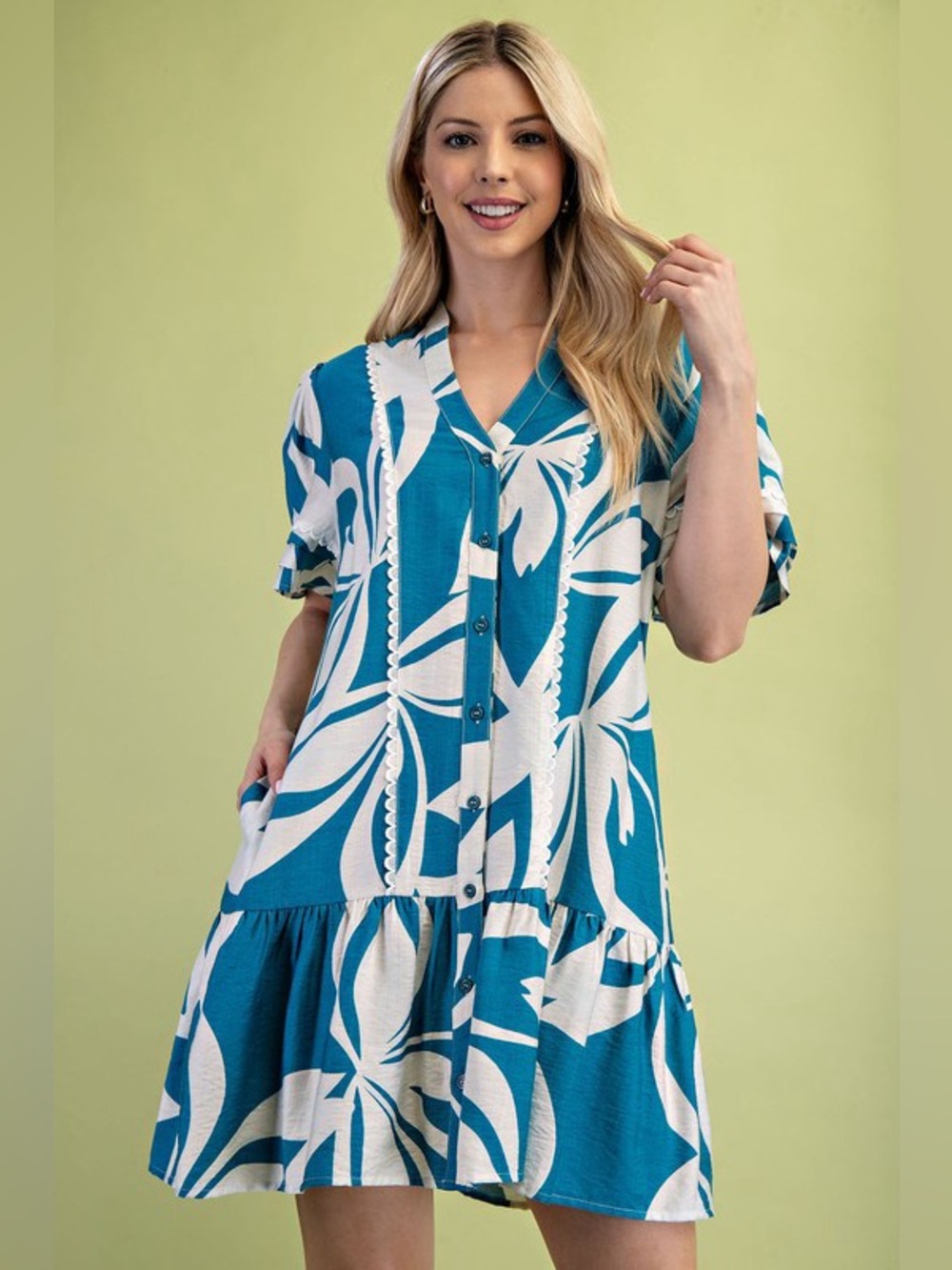Boutique Leaf Print Shirt Dress – Teal/White - Picture 2 of 2